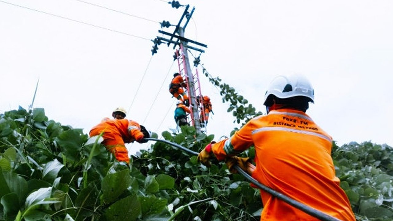 Petugas PLN Riau tengah memasang instalasi listrik. (Liputan6.com/Dok PLN Riau/M Syukur)