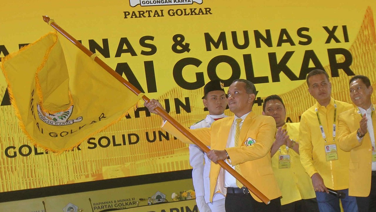 Ketua Umum Partai Golkar Bahlil Lahadalia menyampaikan pidato dalam Rapimnas dan Musyawarah Nasional (Munas) XI Partai Golkar 2024 di Jakarta, Rabu (21/8/2024).