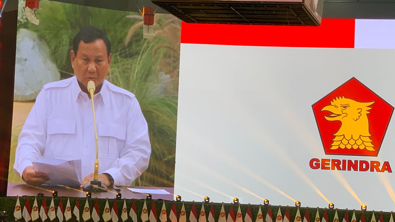 Prabowo Subianto berpidato pada Rapimnas Gerindra.