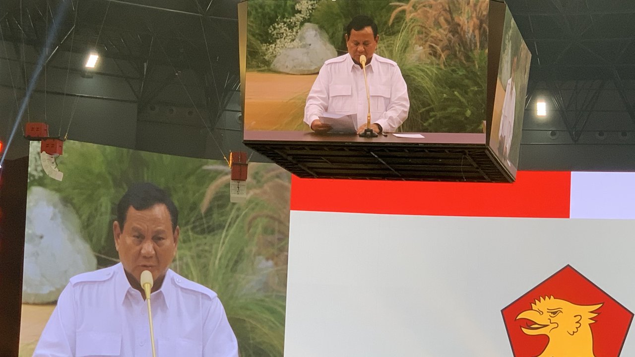 Prabowo Subianto berpidato pada Rapimnas Gerindra.
