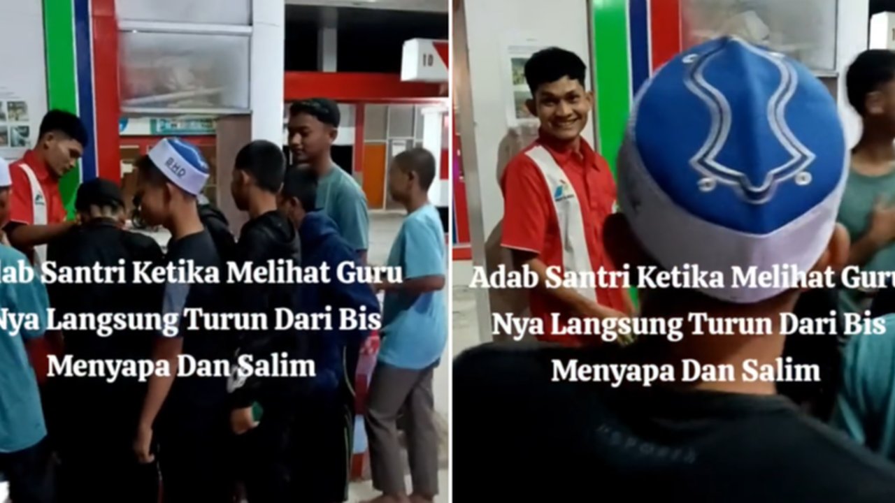 Momen Para Santri Turun dari Mobil dan Salami Petugas Pom yang Diduga Gurunya, Aksinya Banjir Pujian