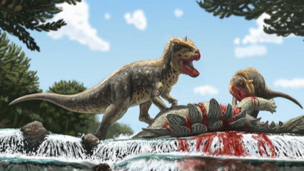 Ilustrasi dinosaurus berjalan di pantai.