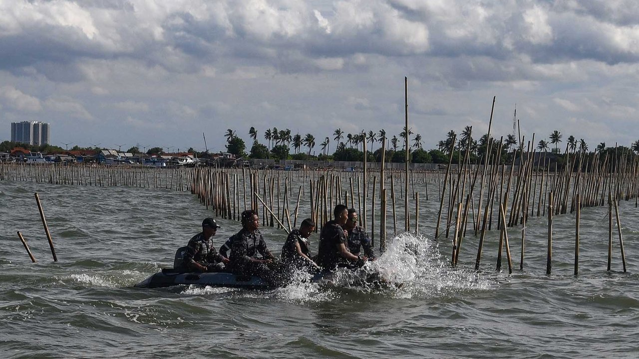 Personel Kopaska TNI AL membongkar pagar laut yang terpasang di kawasan pesisir Tanjung Pasir, Kabupaten Tangerang, Banten, Sabtu (18/1/2025). Sebanyak 600 personel TNI AL dan para nelayan Tanjung Pasir membongkar pagar laut tanpa izin dengan target penyelesaian selama 10 hari dengan jarak sepanjang 30,16 km
foto: merdeka.com/ arie basuki