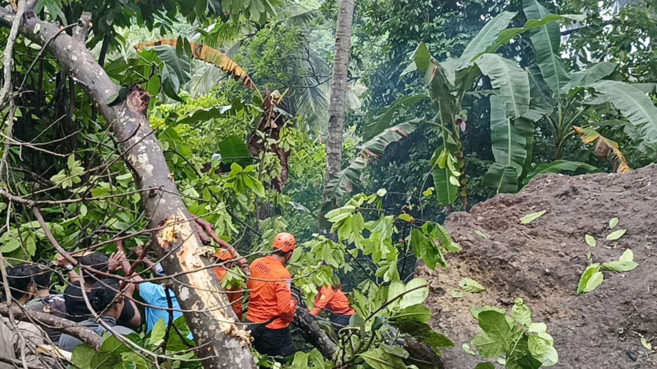 evakuasi korban longsor batu besar di klungkung