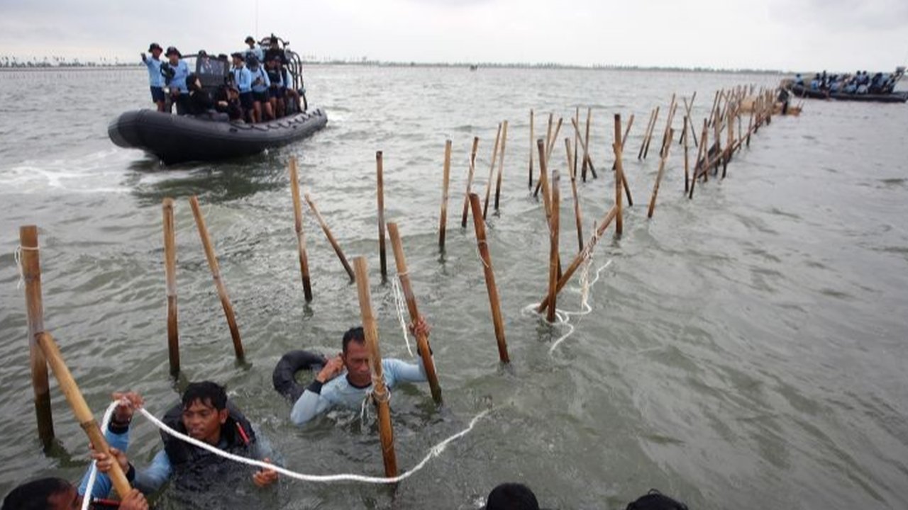 Pasukan TNI AL dan nelayan saat membongkar pagar laut di perairan Tanjung Pasir, Tangerang, Banten, pada Rabu (22/1/2024). Pembongkaran pagar laut ini melibatkan sebanyak 3.000 personel TNI AL, Kementerian Kelautan dan Perikanan (KKP), beserta nelayan.