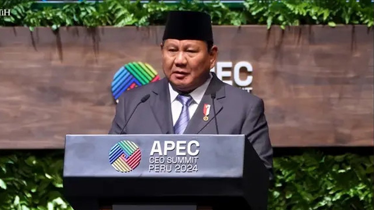 Presiden RI Prabowo Subianto saat menjadi pembicara kunci dalam Konferensi Tingkat Tinggi (KTT) Asia-Pasific Economic Cooperation (APEC) CEO Summit di Lima, Peru, Kamis, 14 November 2024. (Do