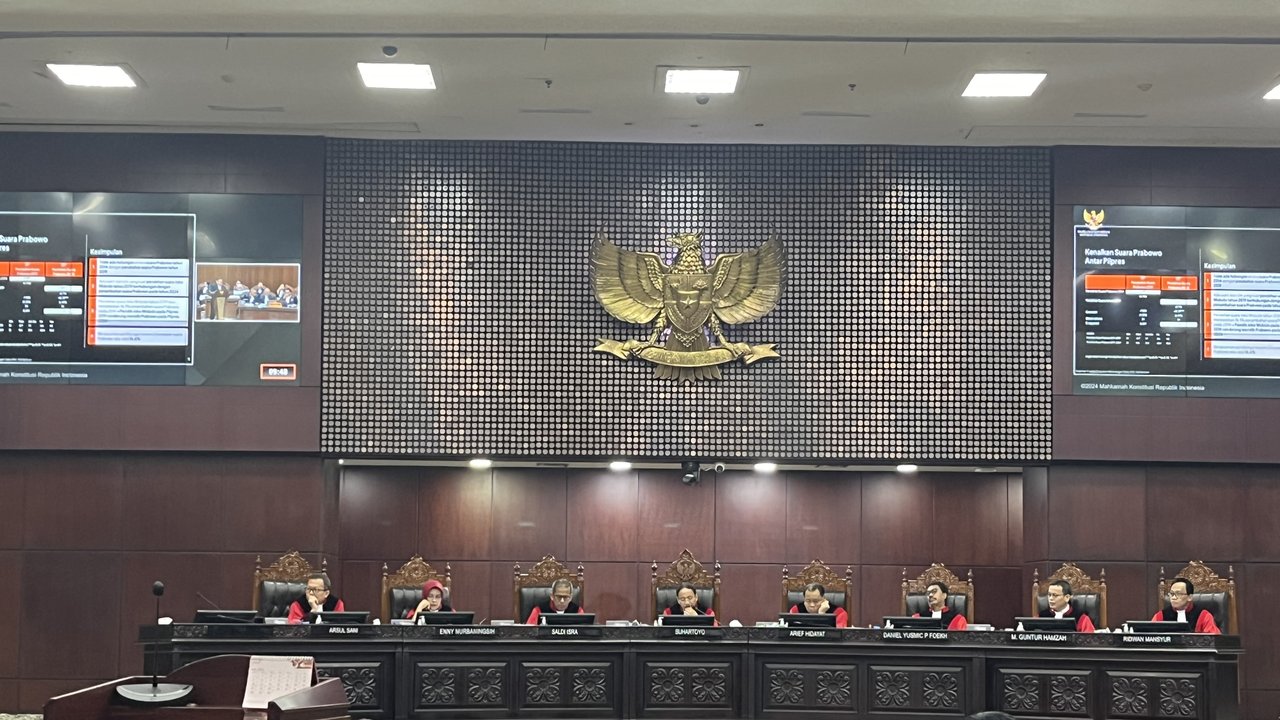 Sidang PHPU di Gedung Mahkamah Konstitusi (MK), Jakarta Pusat, Senin (1/4/2024). (Liputan6.com/ Winda Nelfira)