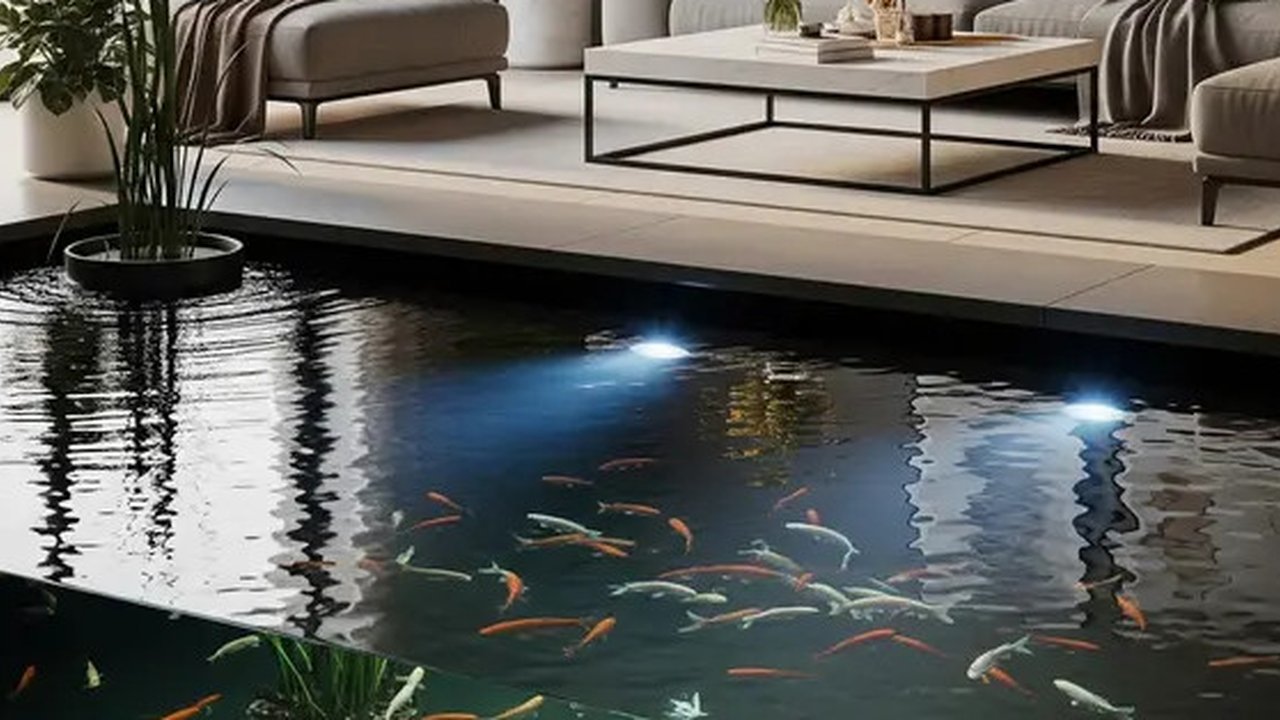 model kolam ikan di ruang tengah yang minimalis (created by AI)