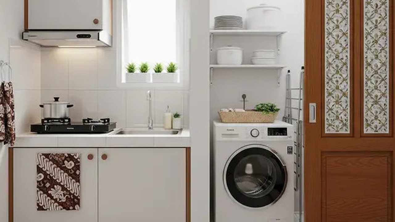 Desain Dapur Mungil Menyatu dengan Ruang Laundry. (Foto: Gemini AI)