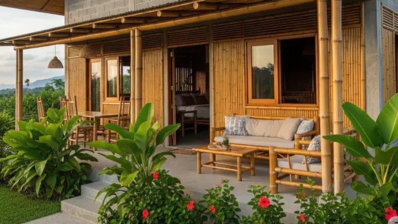 Rumah Bambu dan Batako Gaya Tropis dengan Teras Luas (Gemini AI)