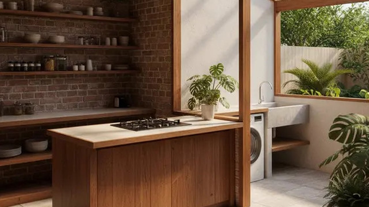 Model Dapur Rustic Tropis dengan Pencahayaan Alami dan Dinding Bata Merah. Gemini