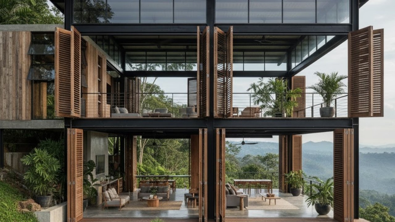 Ilustrasi Rumah Tropis di Perbukitan