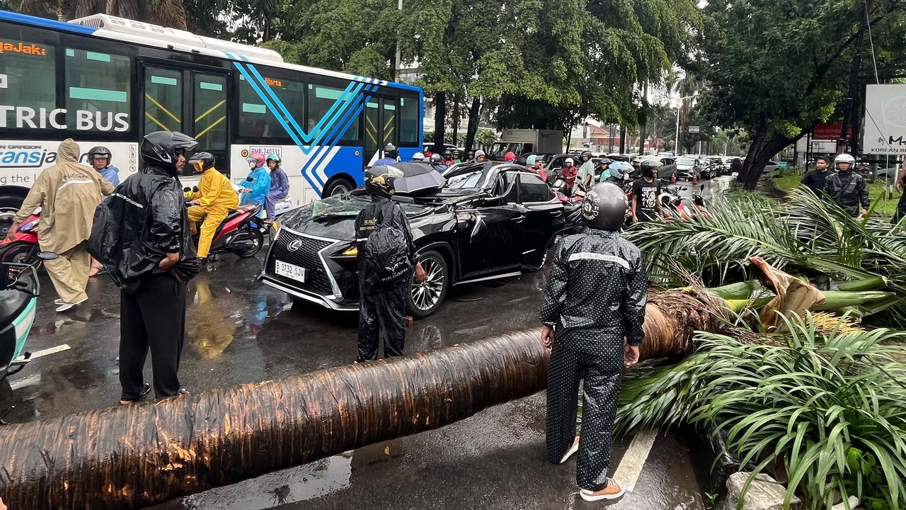 Sebuah mobil mewah Lexus tertimpa pohon tumbang di Jalan Metro Pondok Indah, Jakarta, Minggu (26/10/2025).