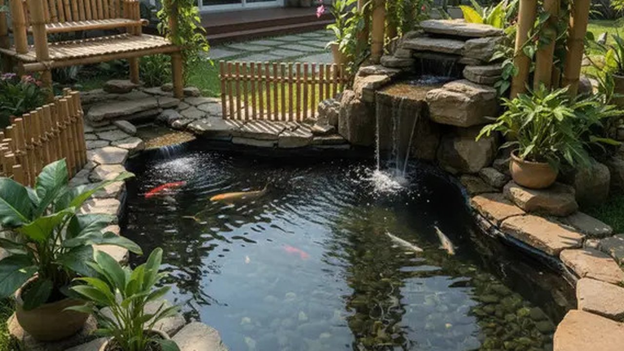 Model Kolam Ikan Batu Alam dan Bambu (created by AI)