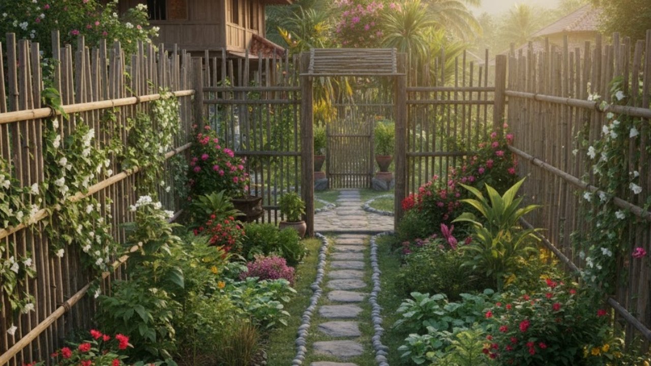 Ilustrasi Kebun dengan Pagar Bambu