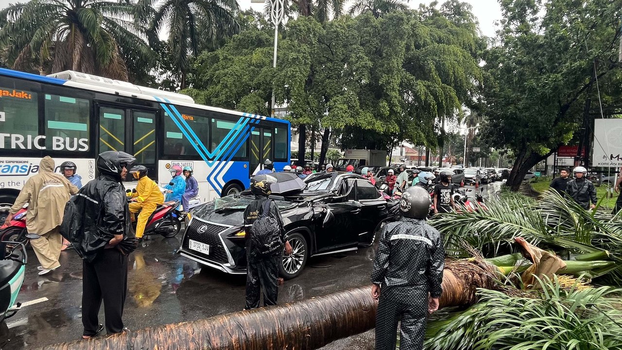 Sebuah mobil mewah Lexus tertimpa pohon tumbang di Jalan Metro Pondok Indah, Jakarta, Minggu (26/10/2025).