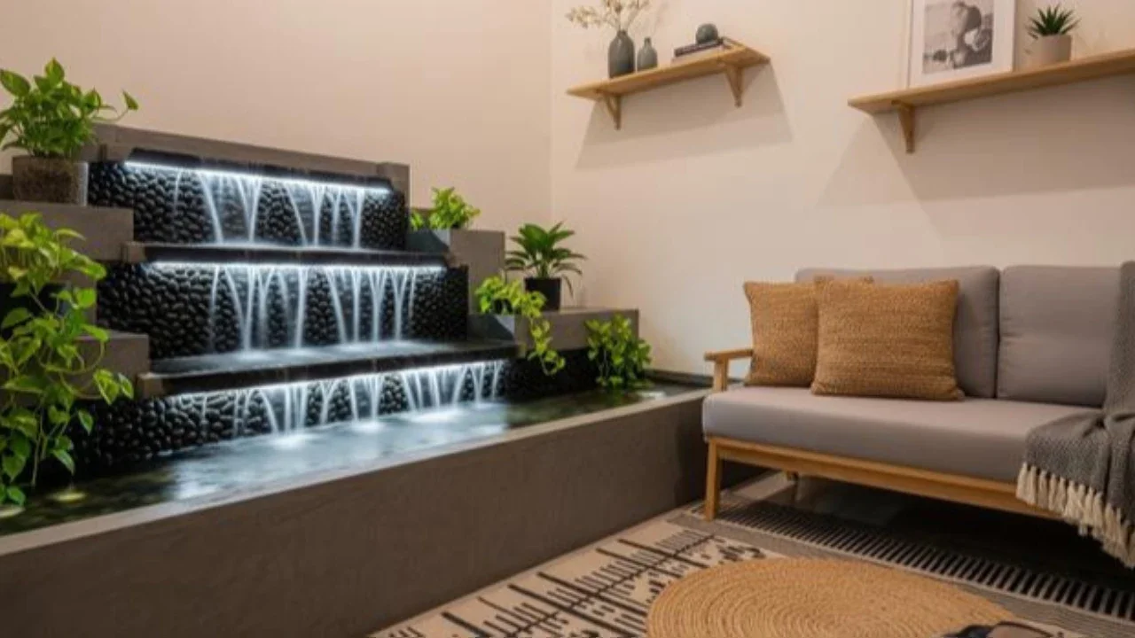 8 Ide Ruang Tamu Kecil dengan Air Terjun Mini Indoor yang Menenangkan, Bikin Suasana Rumah Lebih Adem dan Elegan (Foto: Gemini AI)