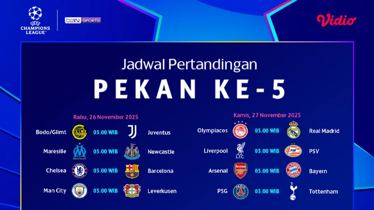 Simak Jadwal Liga Champions 2025/26 Pekan ke-5, Tayang di Vidio
