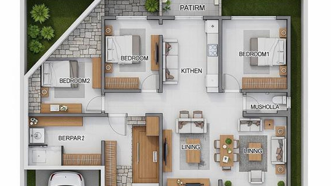 Denah Rumah 2 Lantai Dengan Carport dan Taman (Gemini)