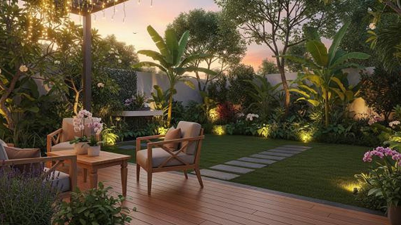 Desain Halaman Belakang Rumah Kecil dengan Lampu Taman Estetik untuk Suasana Romantis