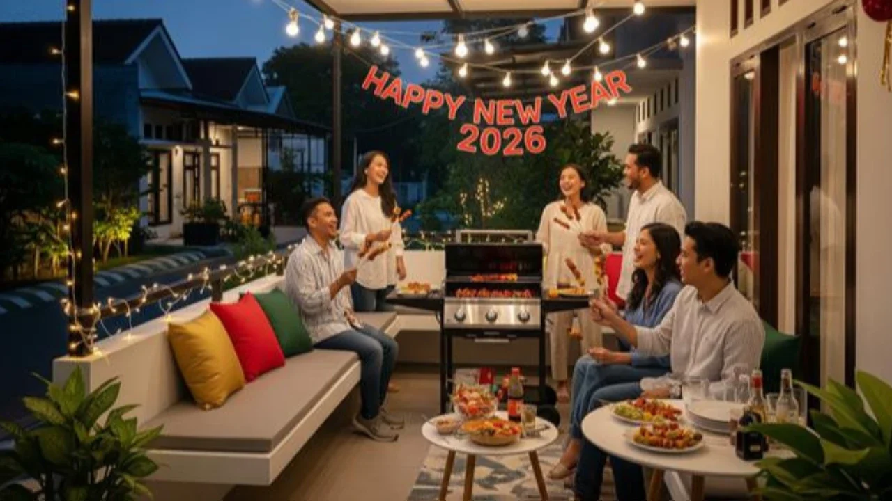 Desain Teras Sempit Tapi Luas untuk Acara BBQ Malam Tahun Baru 2026/ Ilustrasi AI