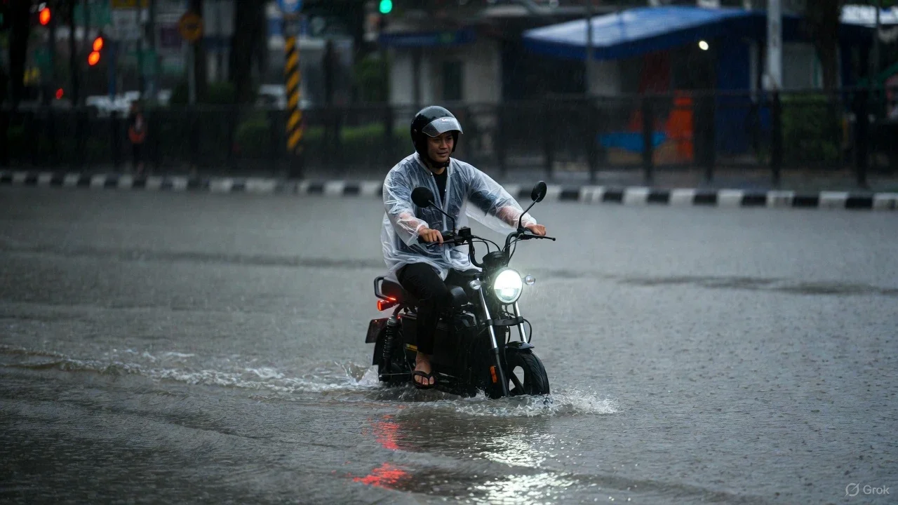 ilustrasi motor terjang banjir