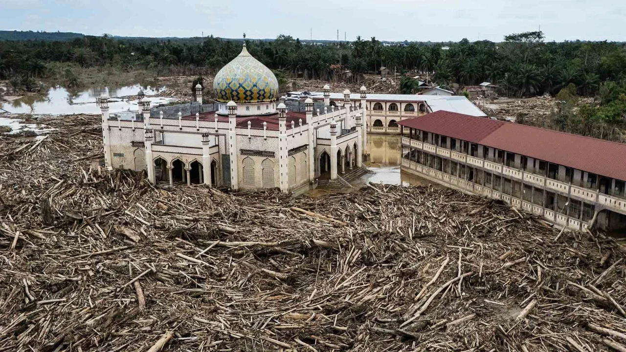 Tumpukan pohon tumbang yang tersapu banjir bandang di Pesantren Darul Mukhlisin dan masjid yang terhubung dengannya, di Kabupaten Aceh Tamiang, Aceh, Minggu (14/12/2025).