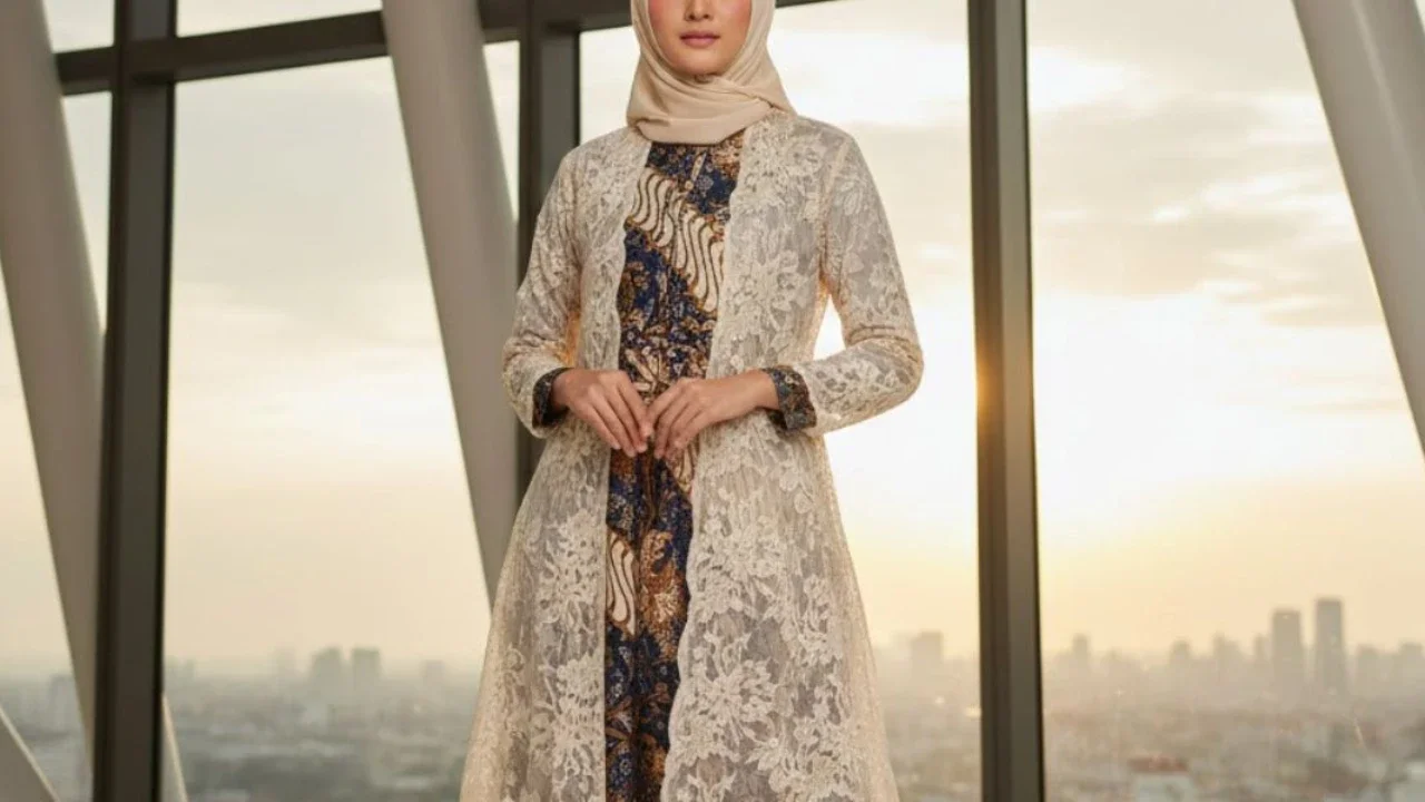 Ilustrasi Model Gamis Batik dengan Outer Tunik