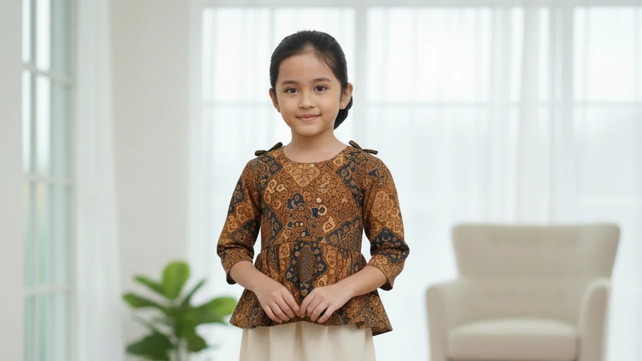 Atasan Batik Anak Perempuan dengan Pita / Detail Kancing Mungil