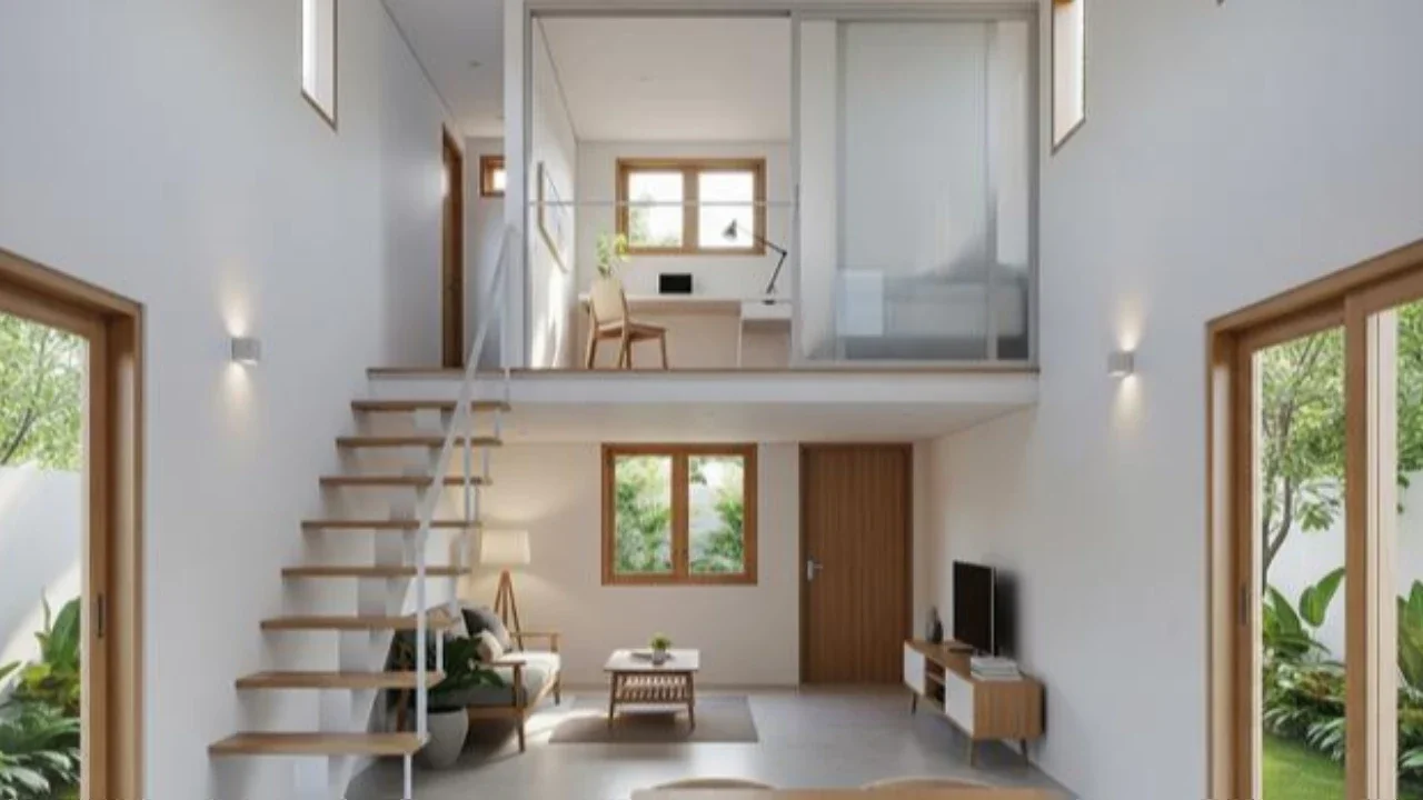 Desain Rumah Mini Modern dengan Mezzanine/AI