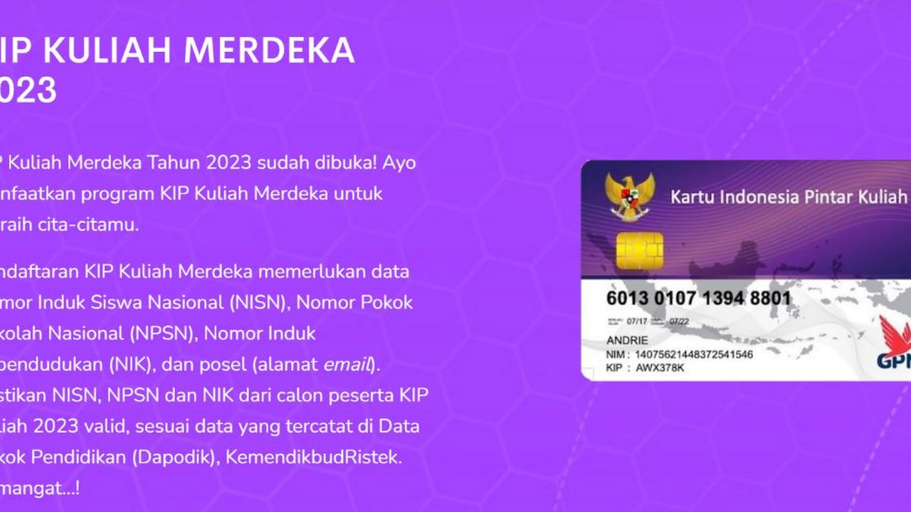 <p>Pendaftaran Kartu Indonesia Pintar Kuliah atau KIP Kuliah 2023 sudah kembali dibuka. (https://kip-kuliah.kemdikbud.go.id/)</p>