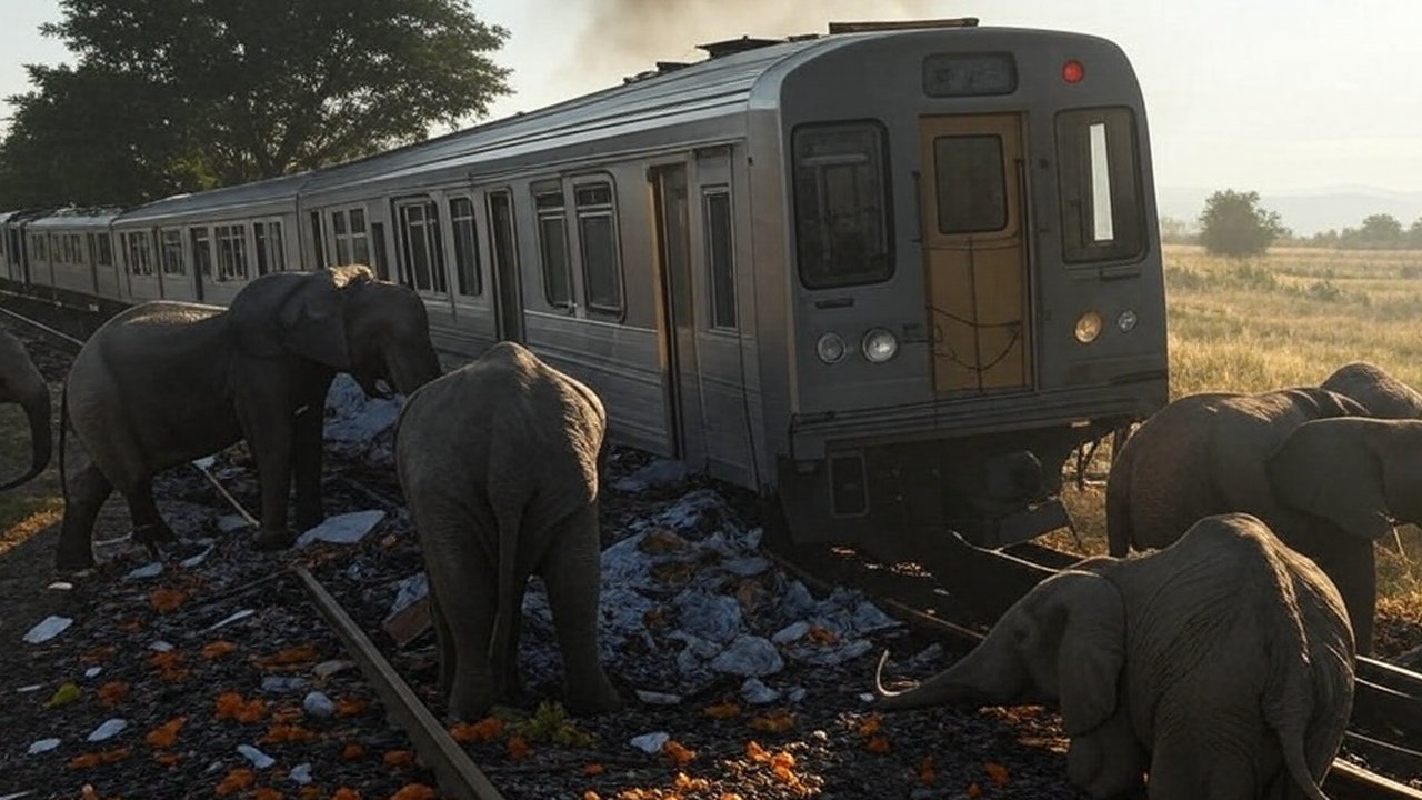ilustrasi kereta tabrak gajah