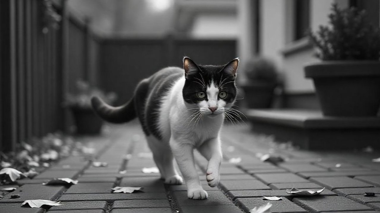 Ilustrasi kucing berjalan di teras rumah (dibuat oleh AI)