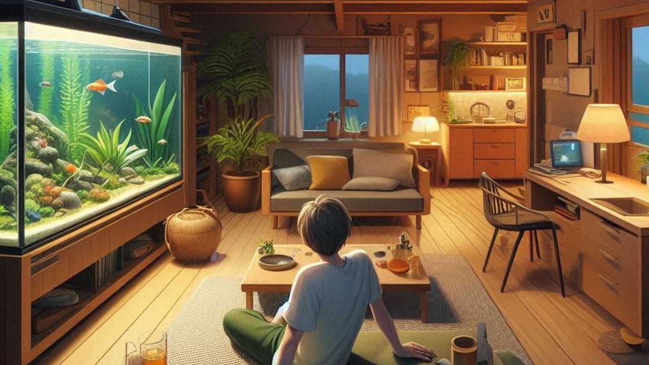 Ilustrasi Rumah dengan Akuarium