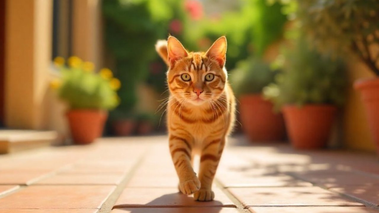 Ilustrasi kucing berjalan di teras rumah (dibuat oleh AI)