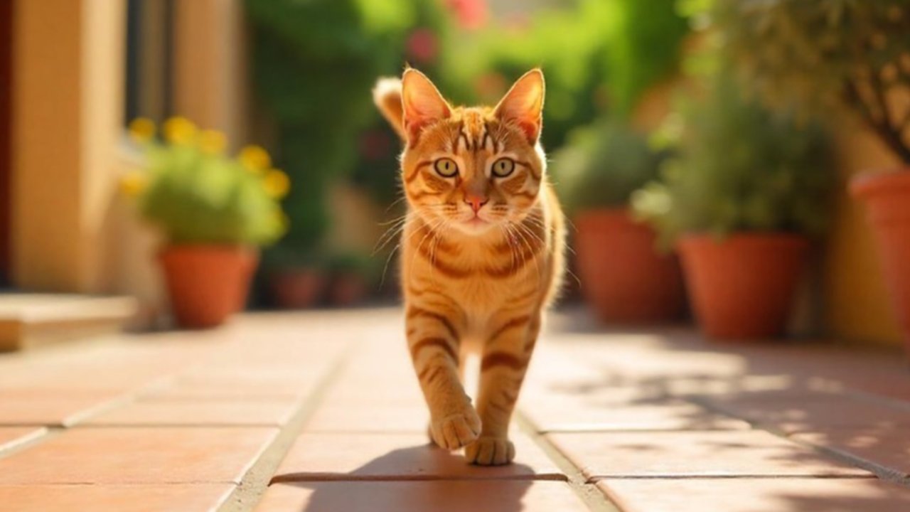 Ilustrasi kucing berjalan di teras rumah (dibuat oleh AI)