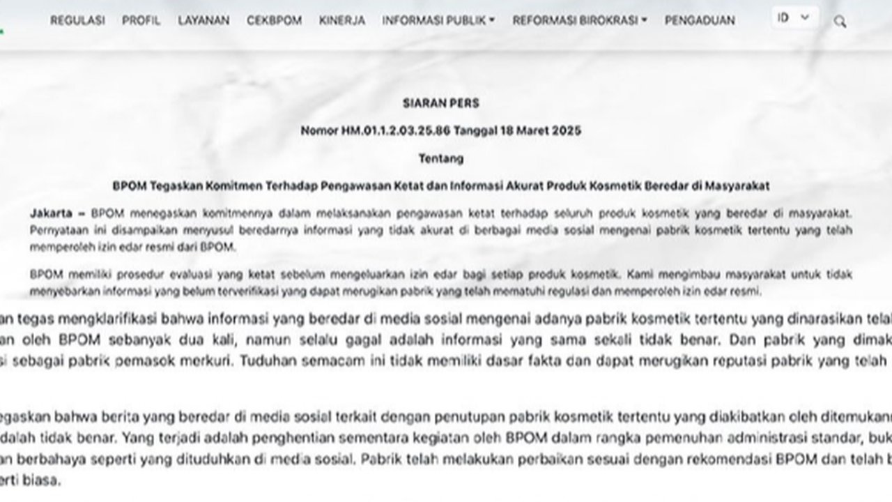 BPOM Bantah Perusahaan Kosmetik Ini Gunakan Merkuri, Begini Penjelasannya