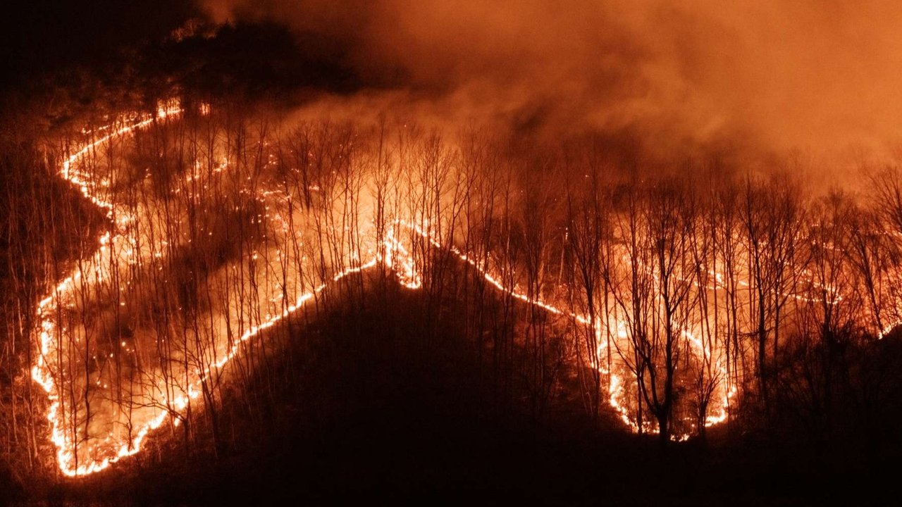 Kondisi kebakaran hutan yang terus meluas dan menyebar ke area permukiman warga di Uiseong, Korea Selatan, pada 26 Maret 2025.