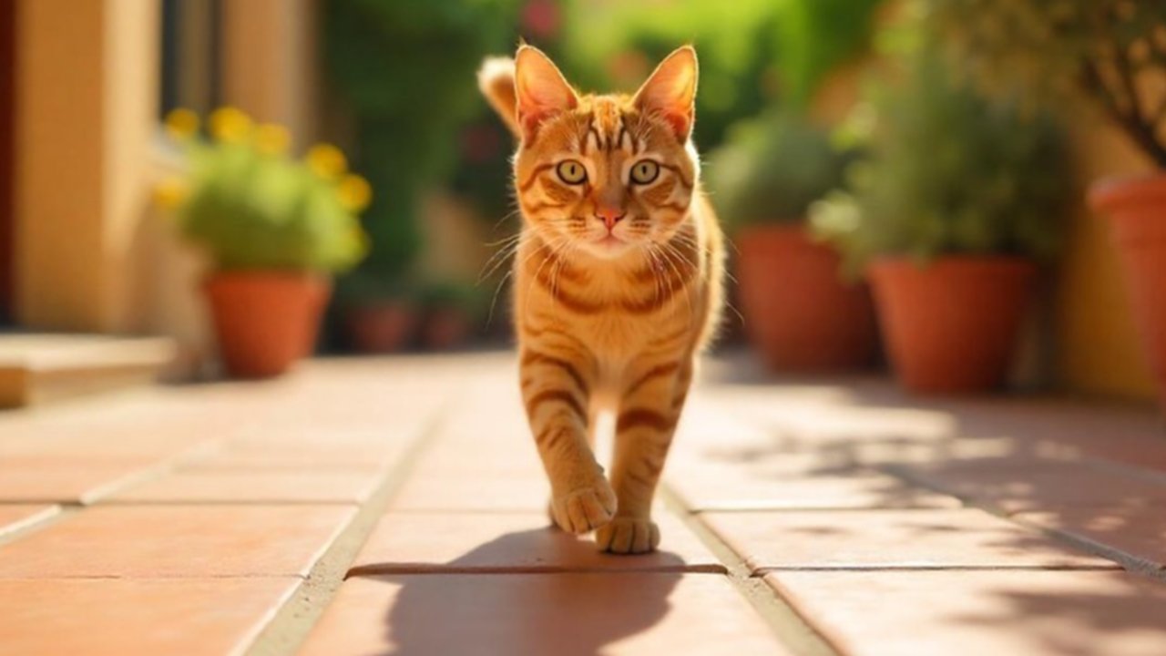 Ilustrasi kucing berjalan di teras rumah (dibuat oleh AI)