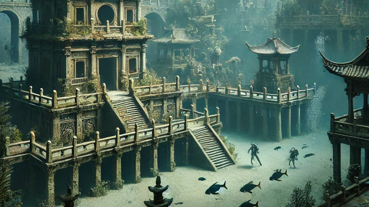 ilustrasi kota kuno di bawah danau