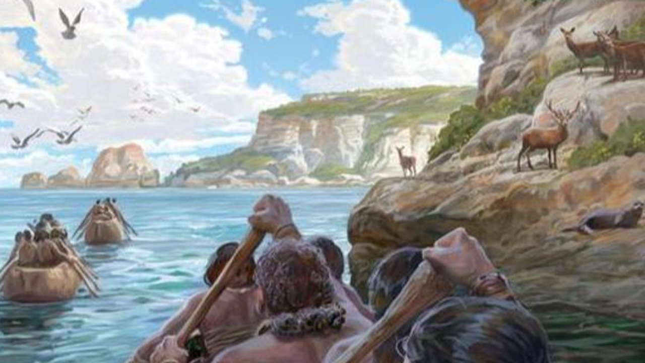 ilustrasi manusia purba naik perahu
