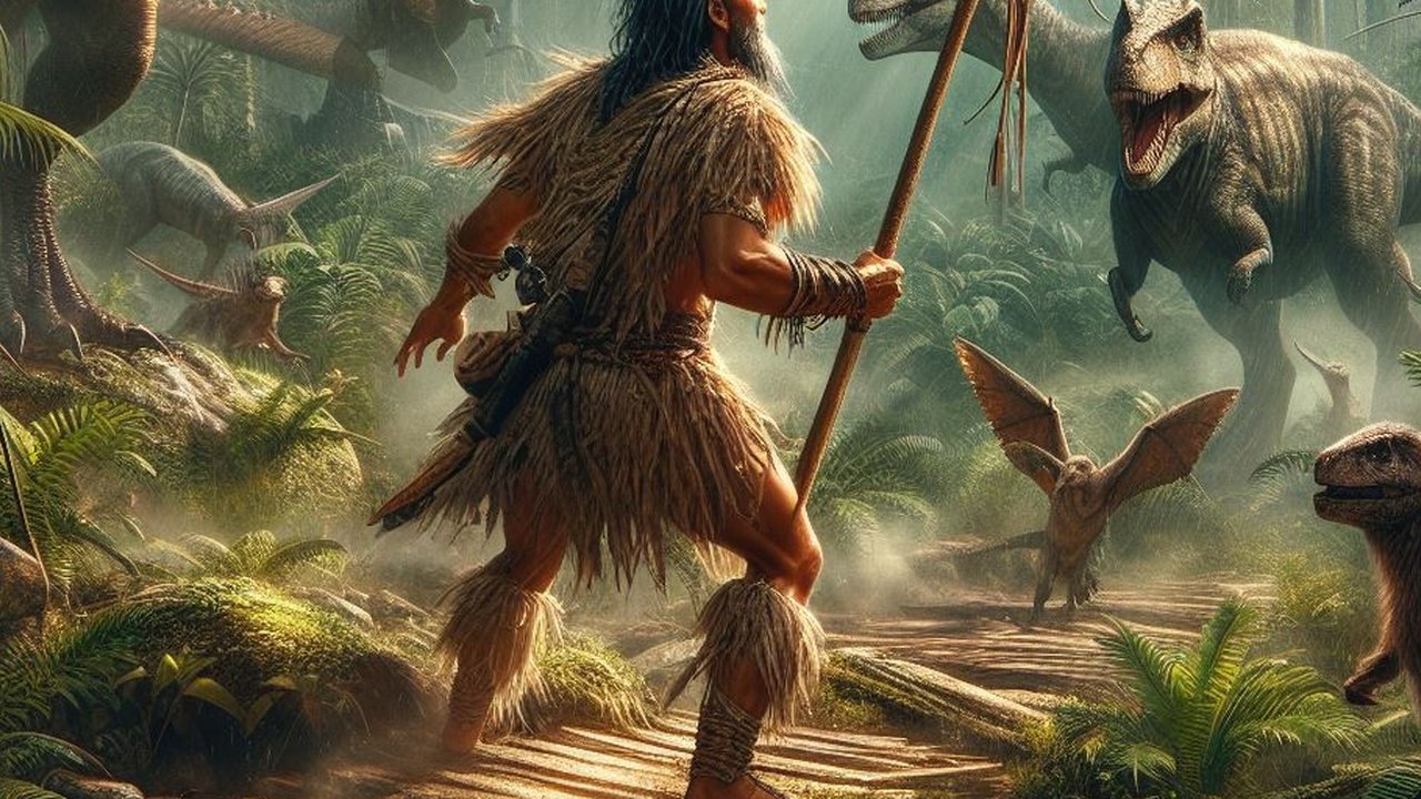 Ilustrasi Manusia Purba dan Dinosaurus