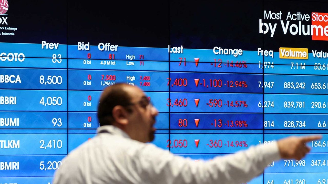 Perdagangan  saham di Bursa Efek Indonesia (BEI) di Jakarta, Selasa (08/ 04/ 2025).