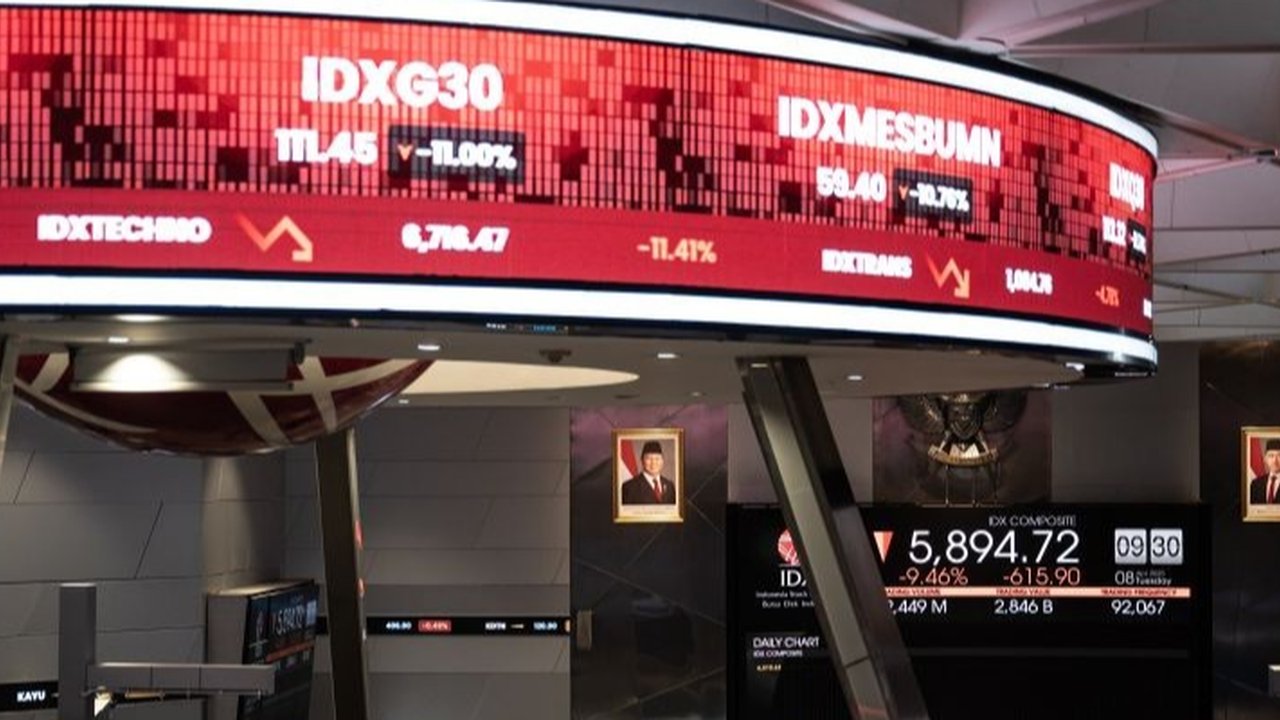 Perdagangan  saham di Bursa Efek Indonesia (BEI) di Jakarta, Selasa (08/ 04/ 2025).