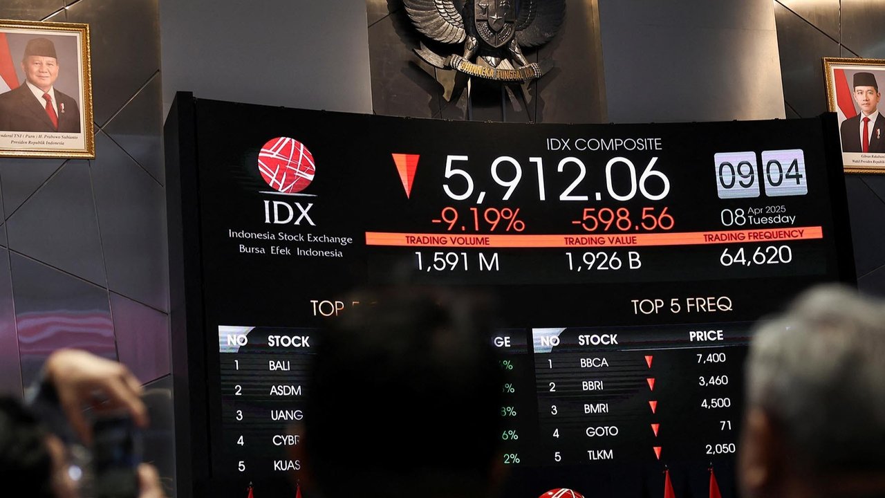 Perdagangan  saham di Bursa Efek Indonesia (BEI) di Jakarta, Selasa (08/ 04/ 2025).