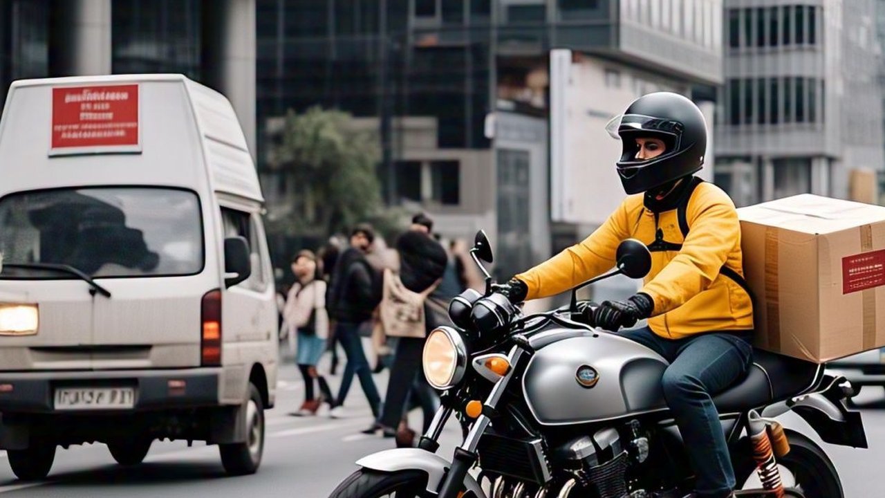 Kurir mengirim paket dengan sepeda motor. (Liputan6.com/Meta Ai)