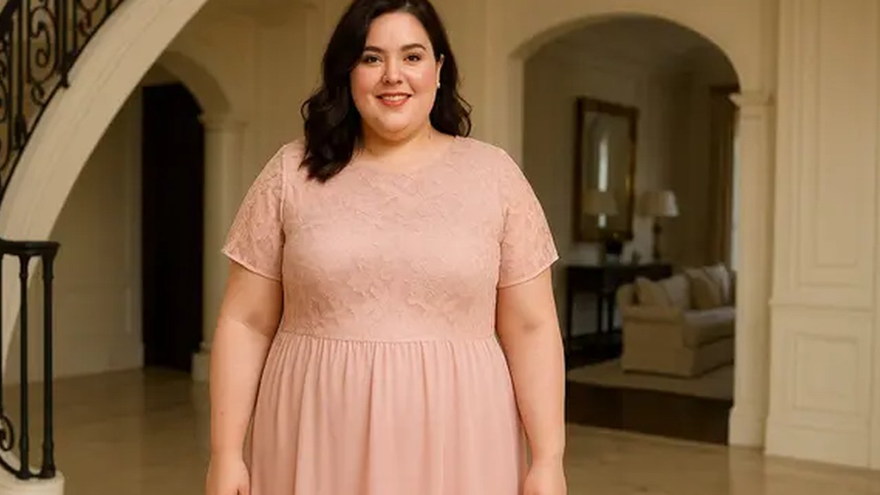 Dress brokat pada tubuh plus size dan tidak terlalu tinggi