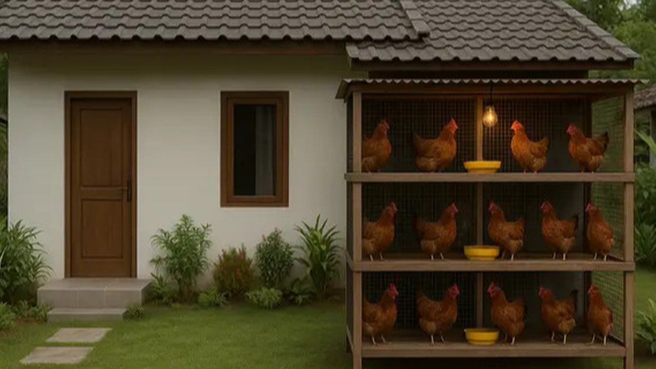 Model Rumah di Desa dengan Kandang Ayam di Belakang/AI