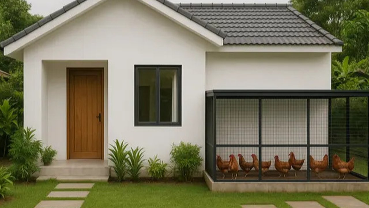 Model Rumah di Desa dengan Kandang Ayam di Belakang/AI