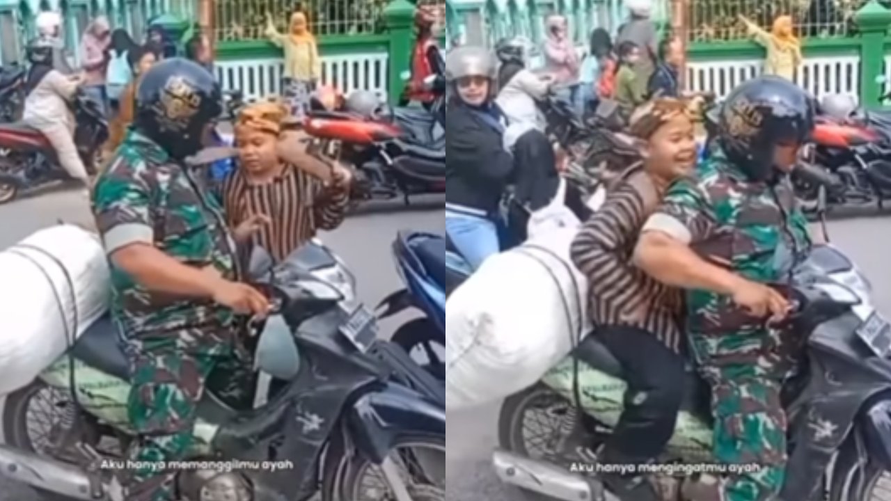 Momen TNI Jemput Anaknya Pakai Motor Butut Sambil Bawa Rumput, Aksinya Bikin Para Anak 'Kolong' Terharu